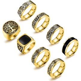 EIELO 8Pcs Stainless Steel Vintage Rings for Men Greek Signet Thumb Silver Gold Retro Carving Celtic Vintage Biker Band Rings Set Edge Mens Ring Set Size10