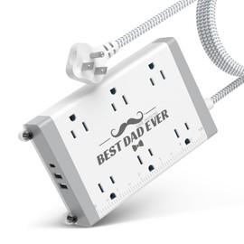 Wall Mountable Power Strip Surge Protector - Best Dad Ever Gifts, Wide Spaced 6 Outlets 3 USB, 6ft Braided Extension Cord, on/Off Switch, for Office Workbench Garage