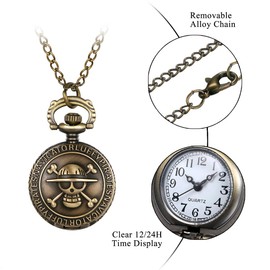 JewelryWe Antique Bronze Anime Skull One Piece Style Quartz Pocket Watch Necklace with 31.5 Inch Chain for Valentine’s Day