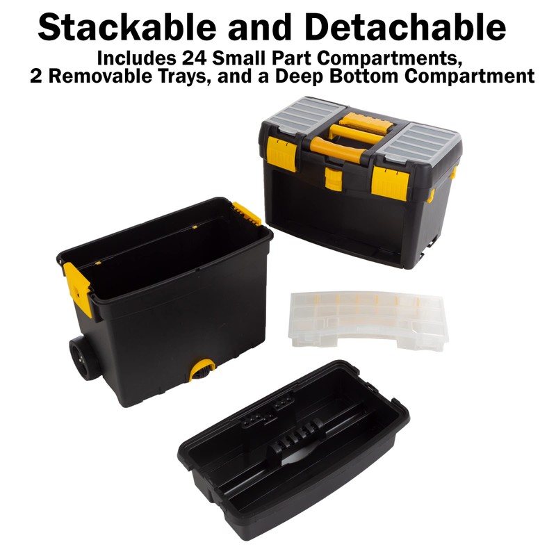 Rolling Tool Box with Wheels, Foldable Comfort Handle, and Removable