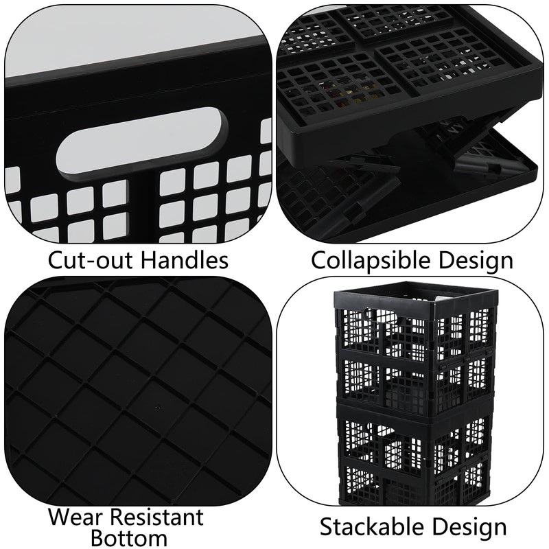 Utiao 18 L Collapsible Storage Crates, Square Plastic Crates, Black,