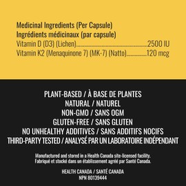 Vitamin D3 K2 Supplement - 2500 IU D3, 120 mcg K2 MK7 x 124 Capsules - Plant-Based, Vegan - Prevents Deficiency, Supports Bone Health in Women and Men - Made in Canada, Third-Party Tested - Nutritionn