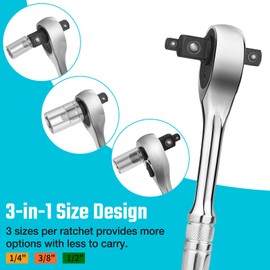 DURATECH 3-IN-1 Ratchet Handle, 1/4 ", 3/8 ", 1/2" Drive Ratchet Wrench, 72-Tooth, Reversible Switch, Full-Polished Chrome Plating, Alloy Steel