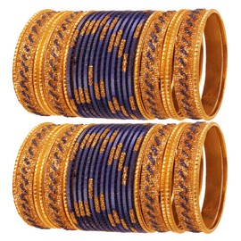 Touchstone New Indian Bollywood Glamorous Fashion Wrist Enhancing Shimmering Golden Glitters Textured Blue Color Designer Jewelry Bracelets Bangle Chura. Set of 48 in Gold Tone for Women.
