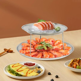 DYNAMI 2-Tier Seafood Tower Set,2pcs Thickened Stainless Steel Seafood Tray(10in+8in) and Tray Combo,Silver Round Serving Trays for Seafood Barbecue Buffet Party