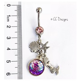 Unbranded 14g light pink cz dangle mermaid starfish shell purple scale belly ring B498