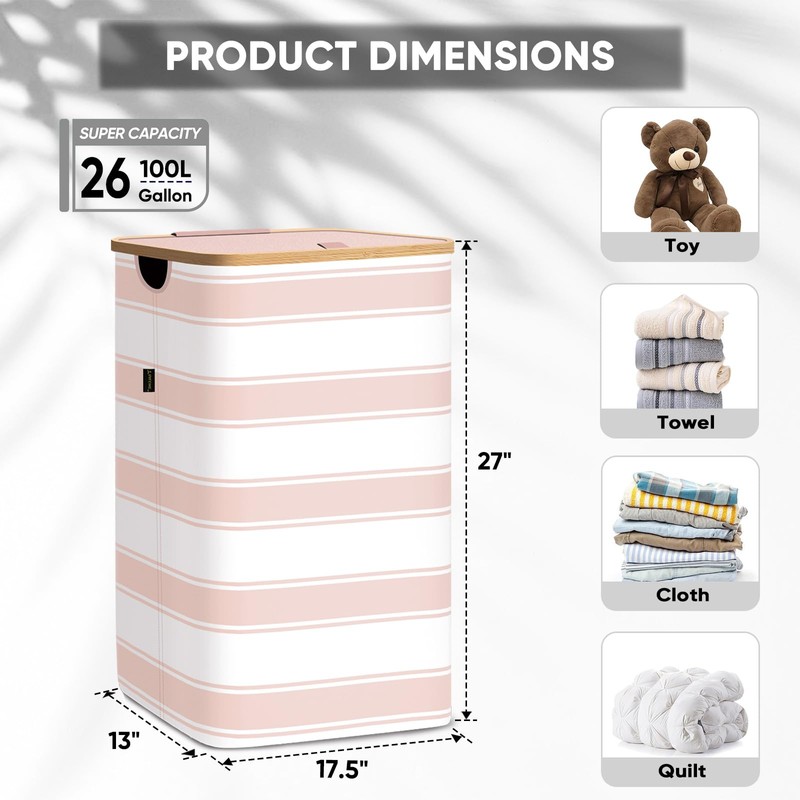 BALEINE Laundry Hamper with Lid, Tall Laundry Baskets with Bamboo