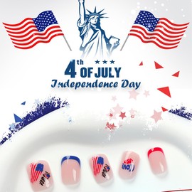 Independence Day Press on Nails 4th of July Fake Nails Short Square Red White Blue French Tip False Nails Glue on Nails with Love USA Glossy Artificial Nails for Women and Girl Design 24 Pcs