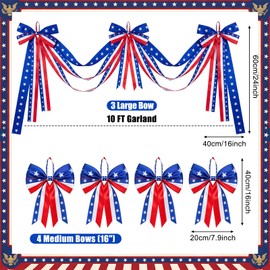 Knitgrip 10ft Patriotic Red White and Blue Outdoor Decorations Bunting Bow Garland with 4th of July 4 Large Bows Patriotic Porch Decor American Flag 250th Banner for Independence Day Wall Stair