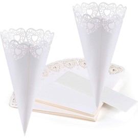 ZOOMPIL 50Pcs Wedding Confetti Cones Paper Cones Wedding Decoration Hollow Heart Pattern Confetti Lace Paper Cones for Party Wedding Favor with Double-Sided Stickers White
