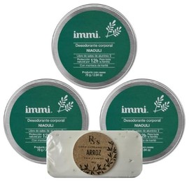 IMMI Desodorante Natural Niaouli (Menta) en Tarro 3 piezas y 1 Jabón Artesanal de ARROZ de 100g