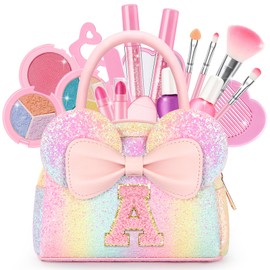 Kids Washable Makeup Kit for Girls, 17 Pcs Non Toxic Make Up with Purse - A
