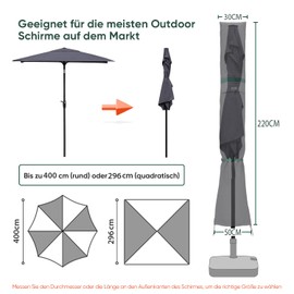 Sekey Parasol Protective Cover with Rod, Cover for Diameter 350 cm / 200 x 300 cm Garden Umbrella with Ventilation Holes, Cover for Market Umbrella / Balcony Umbrella 100% Polyester Waterproof Dark Grey