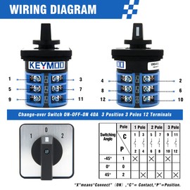 KEYMOO 40A Rotary Changeover Switch, 660V 3 Position 3 Phase 12 Terminals, 2-Way 3NO 3NC Universal Selector Switch with Yellow Fork Terminals 40/D303.3