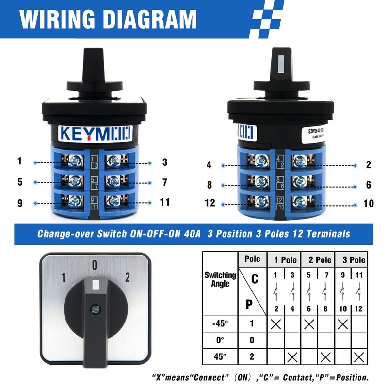 KEYMOO 40A Rotary Changeover Switch, 660V 3 Position 3 Phase