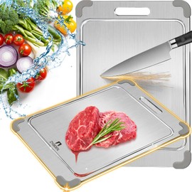 ZYBIDEAL 100% Pure Titanium Cutting Board with Grooves, Update Double Side Titanium Chopping Board, Silicone Anti-slip Stainless Cutting Boards for Kitchen 8 * 12, Grey