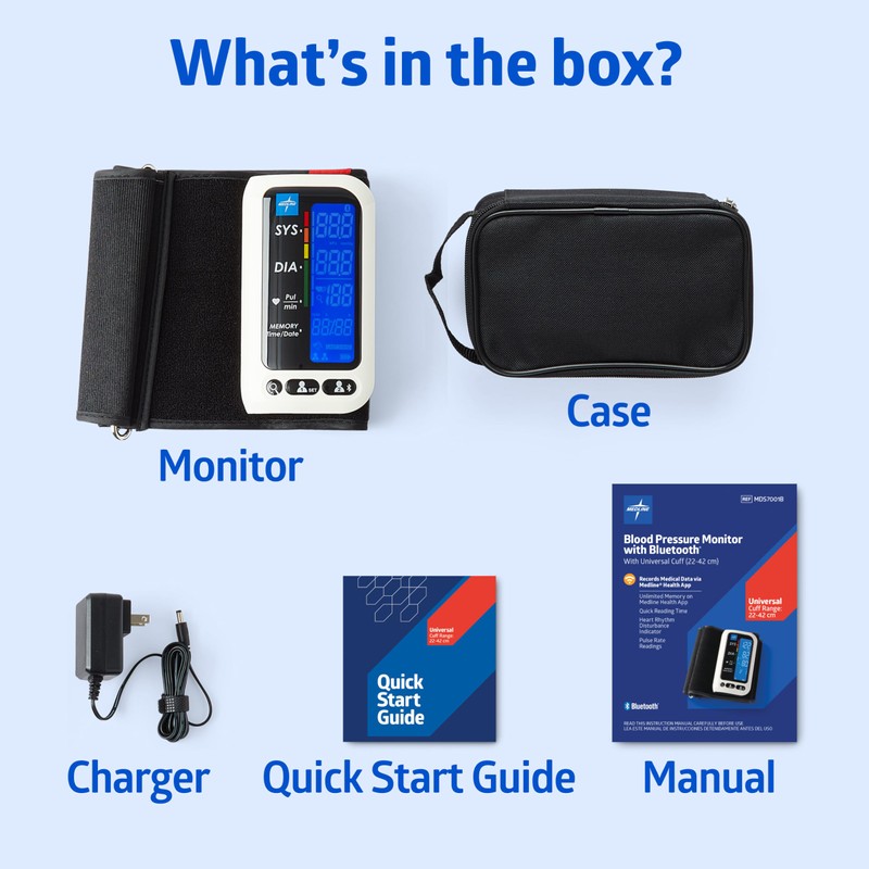 Medline Bluetooth Blood Pressure Monitor, Attached Universal Upper Arm Cuff,