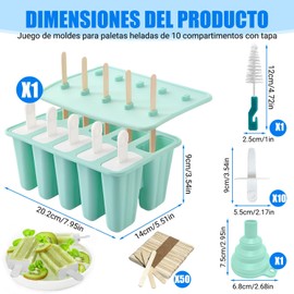 Moldes para Paletas de Hielo con Tapa, 10 Cavidades, Set con 10 Palos + 50 Palitos + Embudo + Cepillo, Molde Silicona Reutilizable sin BPA, Fácil Desmoldar, Para Helados Caseros (Verde)