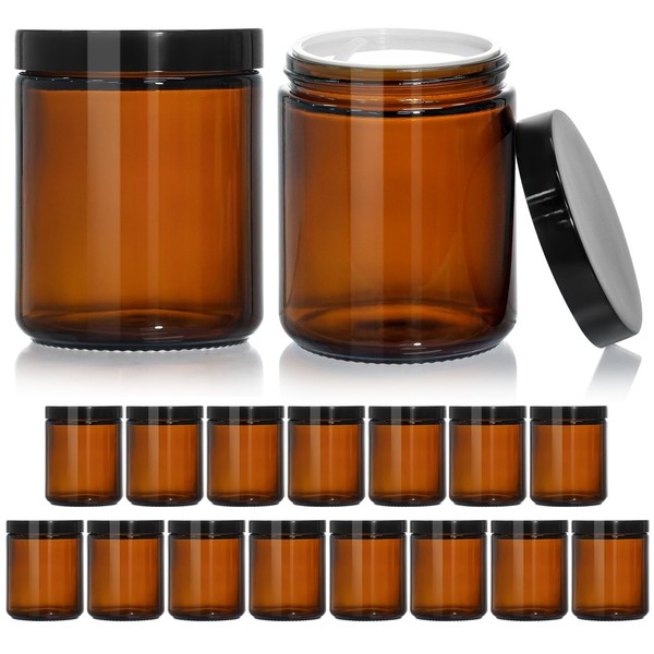 KEYWING 15Packs Amber Glass Jars with Black Lids, 8oz Empty