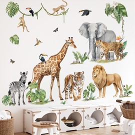 decalmile Wall Sticker Safari Animals XXL Elephant Giraffe Wall Sticker Jungle Animals Lion Leopard Zebra Wall Sticker Nursery Baby Room Bedroom Wall Decoration