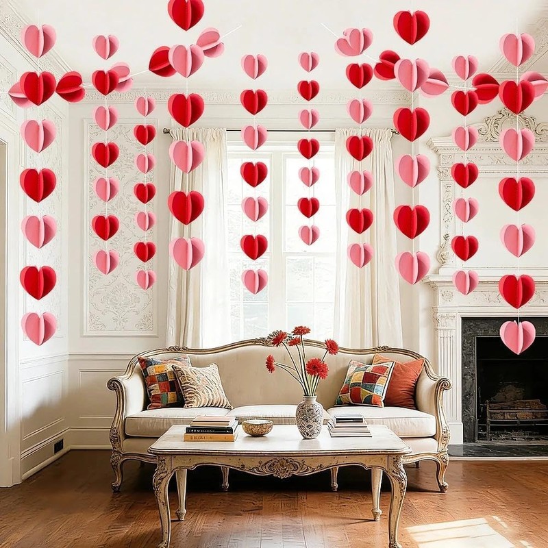 Zoonlinpp 6 Packs 3D Heart Garlands-22.1 Ft Red Pink Hanging