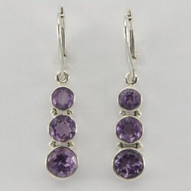 Amber America Facetted Natural Purple Triple AMETHYST Earrings STERLING SILVER Leverback #5e