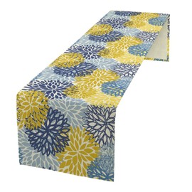 Camino de mesa floral azul amarillo brillante, colorido bohemio con estampado de flores de dalia para el hogar, cocina, comedor, decoración, 13 x 36 pulgadas