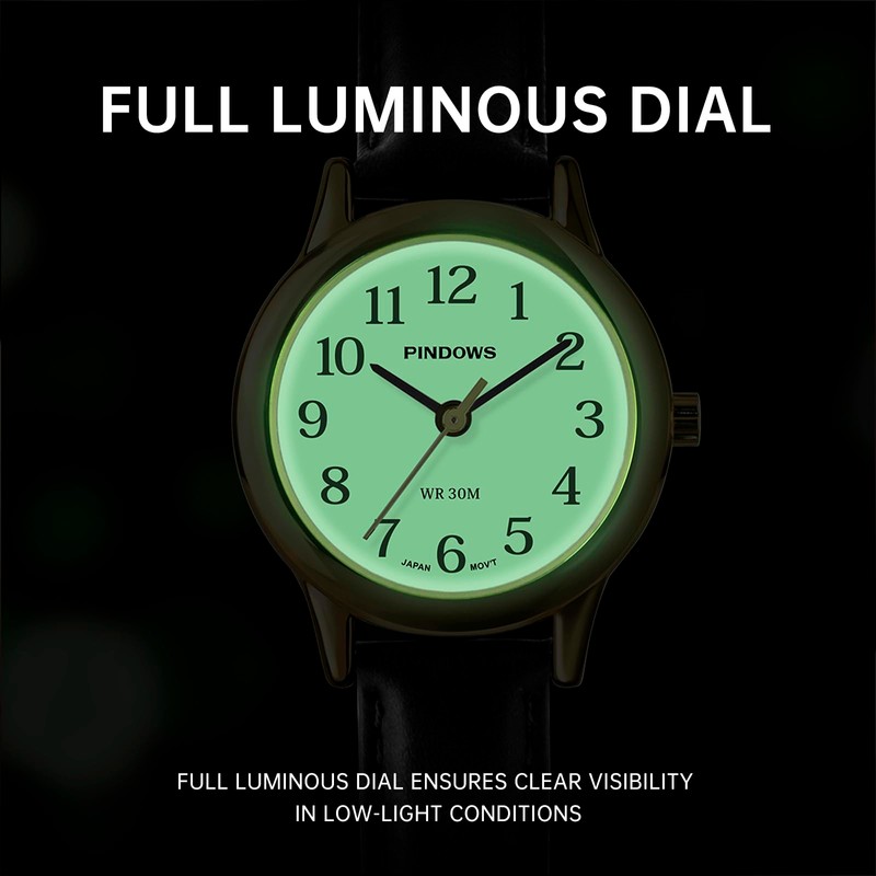 PINDOWS Minimalist Watches for Women, Gold-Tone Case with Black Leather