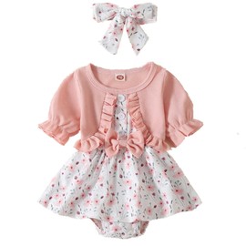 Newborn Baby Girl Romper Dresses Clothes Set Short Sleeve Floral Ruffle Bow Overall Bodysuit Onesie Floral Skirt Hem Outfit (B-style Pink, 9-12 Months)