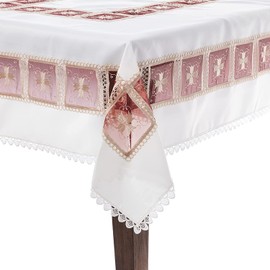 Violet Linen Emerald Roses Lace Pattern, Polyester Embroidered, Cutwork, Burgundy, 70 Inch x 105 Inch, Seats 8 to 10 people, Rectangular Tablecloths