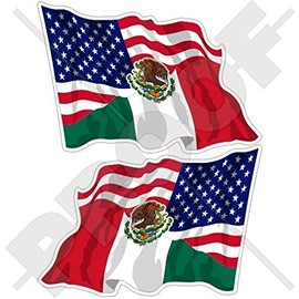 USA United States of America & MEXICO, American-Mexican Flying Flag 4,7" (120mm) Vinyl Bumper Stickers, Decals x2 (Left-Right)