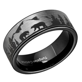 (8mm) Unisex or Men's Hunting Bear Crossing Wedding Ring Band. Silver / Gray Brushed Tungsten Carbide Band with Black Etched Bear Family, Mountains and Forest Design. Hunter's Wedding Ring. One Year Warranty Included. (9)