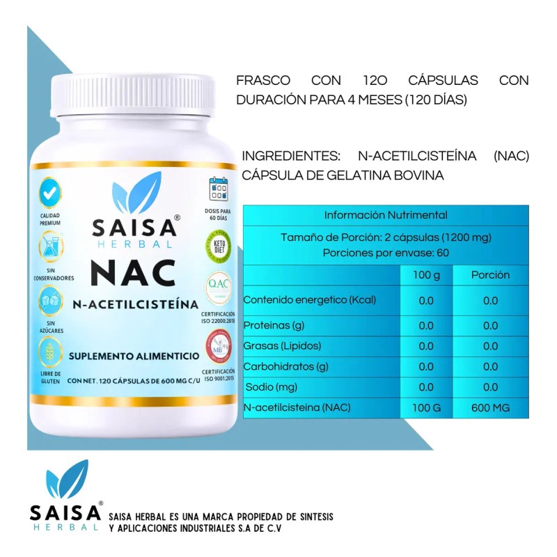 Nac Acetilcisteína 600 120 Cáps Saisa Herbal Suplemento Natural Antioxidante