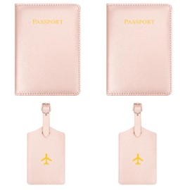 2 Pieces Passport Holder and 2 Pieces Luggage Tag Sets, Mr and Mrs Passport Holder Set for Travel Leather Passport Wallet Cover Documents Organizer with Suitcase Tags for Women Men Couples Gifts, Pink