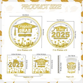 2025 Graduation Party Decorations Set - 120 Pcs White Gold Class of 2025 Plates and Napkins Disposable Tableware for College High School Congrats Graduation Party Supplies, Serves 24