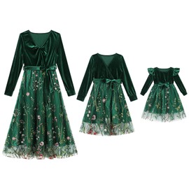 Mommy and Me Christmas Dresses Long Sleeve Floral Embroidered Layered Tulle Velvet Ruffle Dress with Belt Fall Winter Xmas Holiday Party Mom Daughter Matching Outfits Photoshoot Dark Green 4-5 T