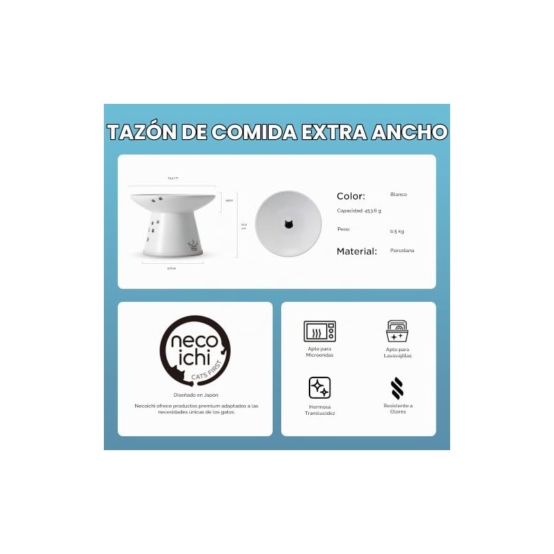 Necoichi Cuenco de Comida Extra Ancho para Gatos (Gato)
