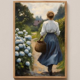Vintage Woman Wall Art Woman Portrait Picture Farmhouse Hydrangea Art Victorian Lady Canvas Floral Still Life Prints Country Road Painting Vintage Victorian Picture Antique Lady Prints 16x24in No Frame