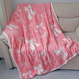 Pink Bow Blanket Gifts for Girls Women Soft Lightweight Reversible Bow Throw Blanket Coquette Aesthetic Blanket for Preppy Room Decor Cute Room Sofa Bed Travel, 51x63 Inch