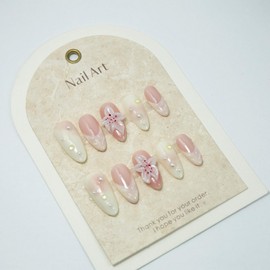 Gradient Press on Nails Almond Handmade False Nails with Flower Pearls Designs Muti-Layer Gel Full Cover French Medium Fake Nail Tips Glossy Acrylic Nails Glue on Nails for Women Nail Art (M)