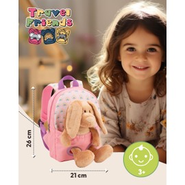 NICI 61763 Backpack 21 x 26 cm Pink with Plush Toy Rabbit 25 cm Removable Plush Toy Soft Fluffy Nursery Backpack with Cuddly Toy for Boys and Girls