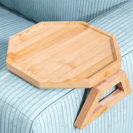 Danfoxer Couch Arm Tray,Bamboo Folding Sofa Trays,Octagonal Round Sofa Armrest Tray Clip-On Couch Desk for Drinks,Snacks,Phone,Remote Control（Natural）