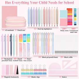 Aesthetic Stationery Supplies with Pink Pencil Case & Notebook, Pastel Highlighters Gel Pens Mechanical Pencils Refills Rulers Rubbers Sticky Notes, Stationery Set for Students School Supplies Office