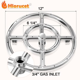 Hiorucet 12 Inch Fire Pit Rings Burner for Natural & Propane Gas Fire Pit Replacement Parts, 304 Stainless Steel Fire Pit Round Burner Insert for Indoor & Outdoor, High Flame, BTU 92,000 Max.