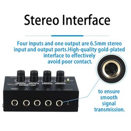 Headphone amplifier, headphone amplifier, 4-channel monitor, 6.5 mm output and input sockets, high sound resolution, with 12 V power supply, ideal for gigs, lessons, guitars, etc.