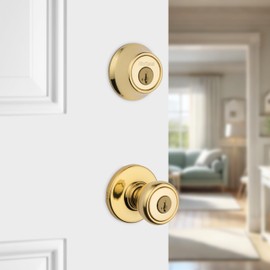 Kwikset 690 Tylo Entry Knob and Single Cylinder Deadbolt Combo Pack featuring SmartKey® in Polished Brass, Key Lock