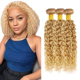 Luxvogue 12 14 16 Inch Inch Human Hair Bundles Honey Blonde P27/613 Jerry Curly Bundles Human Hair 12A Unprocessed Quick Weave for Black Women Soft Sewn In with Double Weft
