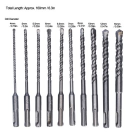 SDS Plus Hammer Drill Bits for Brick, Stone, Concrete, Carbide Tipped with Storage Box, Length 160 mm, Diameter 4-14 mm, Pack of 10