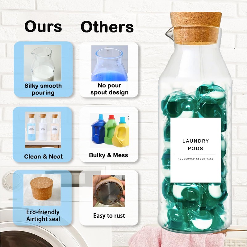 Glass Laundry Detergent Dispenser Set with Cork Lids, Fabric Softener