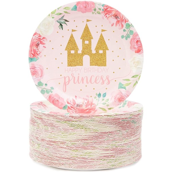 80-Pack Princess Party Supplies, Floral Plates (7 in)